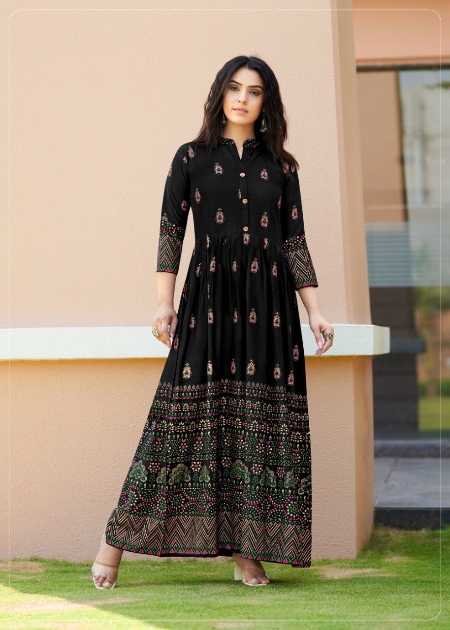 Rangjyot Sehnaaz 5 Fancy Ethnic Wear Rayon Printed Long Anarkali Kurti Collection